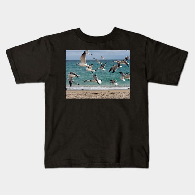 Birds in Flight Over Beach Kids T-Shirt by jillnightingale